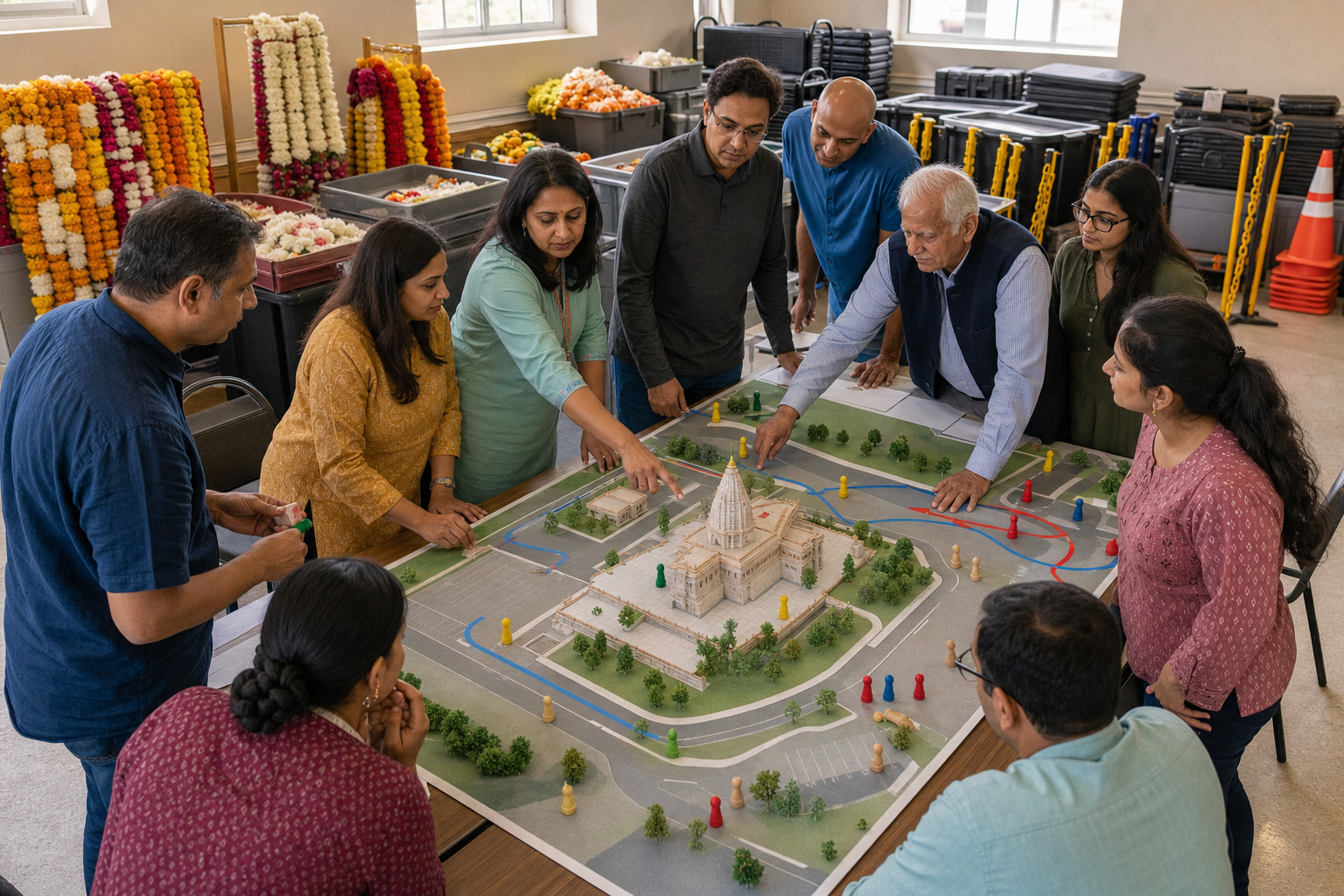Temple leaders, volunteers and devotees gather around an unlabelled model of temple grounds to plan entrances, drop-off areas and protected walking routes before a festival.