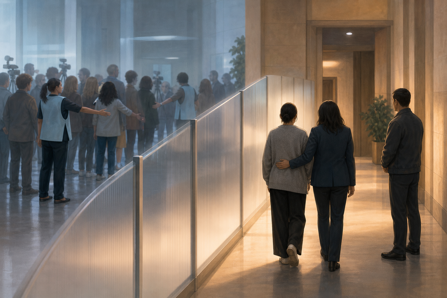 A survivor and support advocate move through a protected corridor while a concerned crowd and cameras remain behind a privacy boundary.