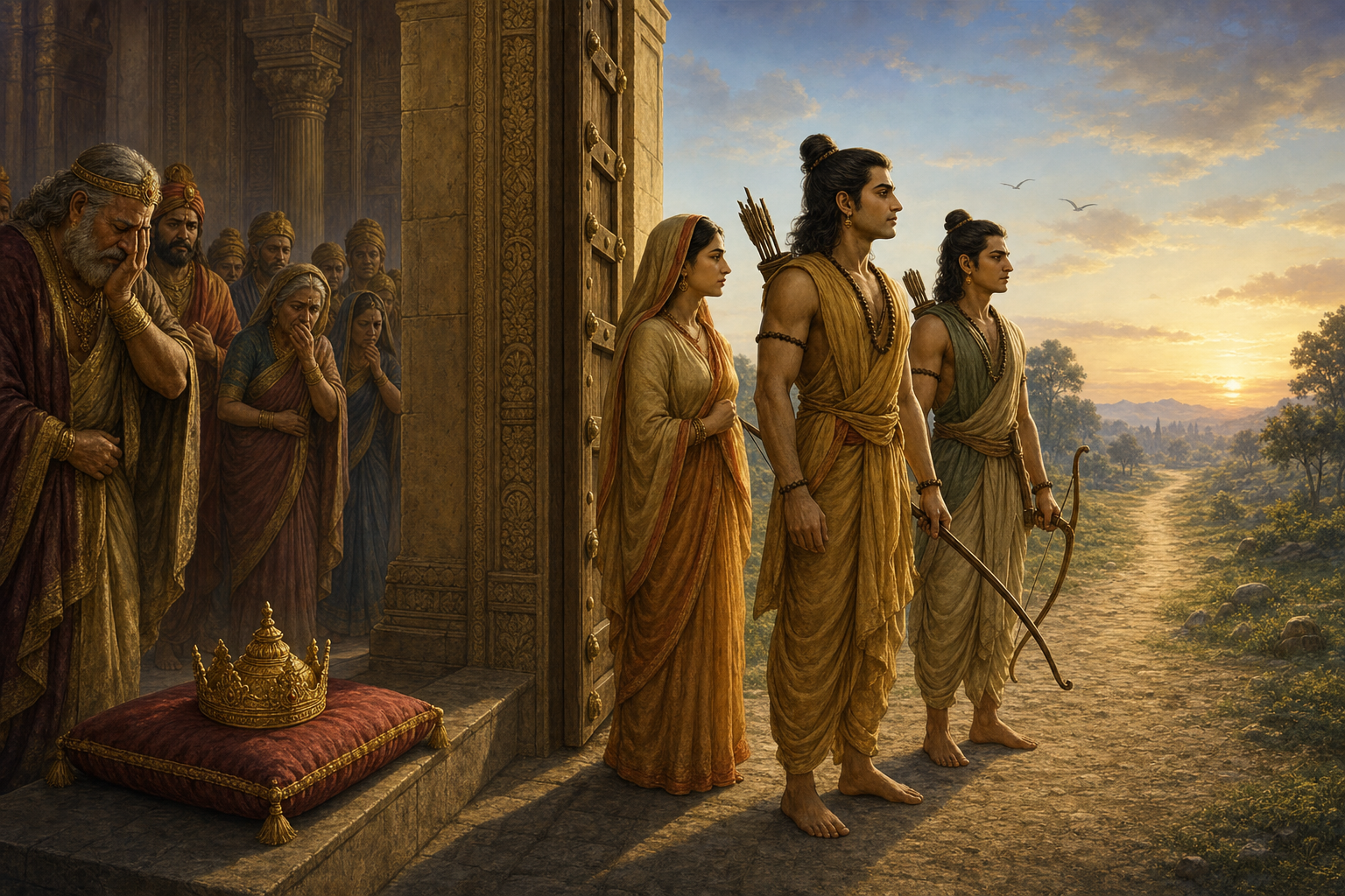 Rama, Sita, and Lakshmana leave Ayodhya in simple forest clothing while a crown remains on a cushion inside the palace gate.