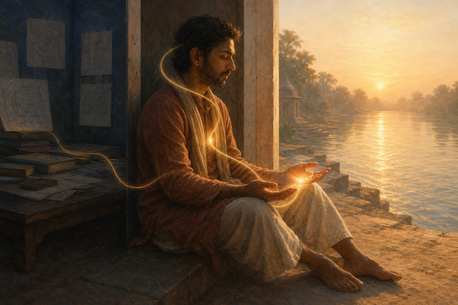 A contemplative person sits between a dim study with closed books and a sunlit river, connected by a ribbon of golden light passing through the head, heart, and hands.