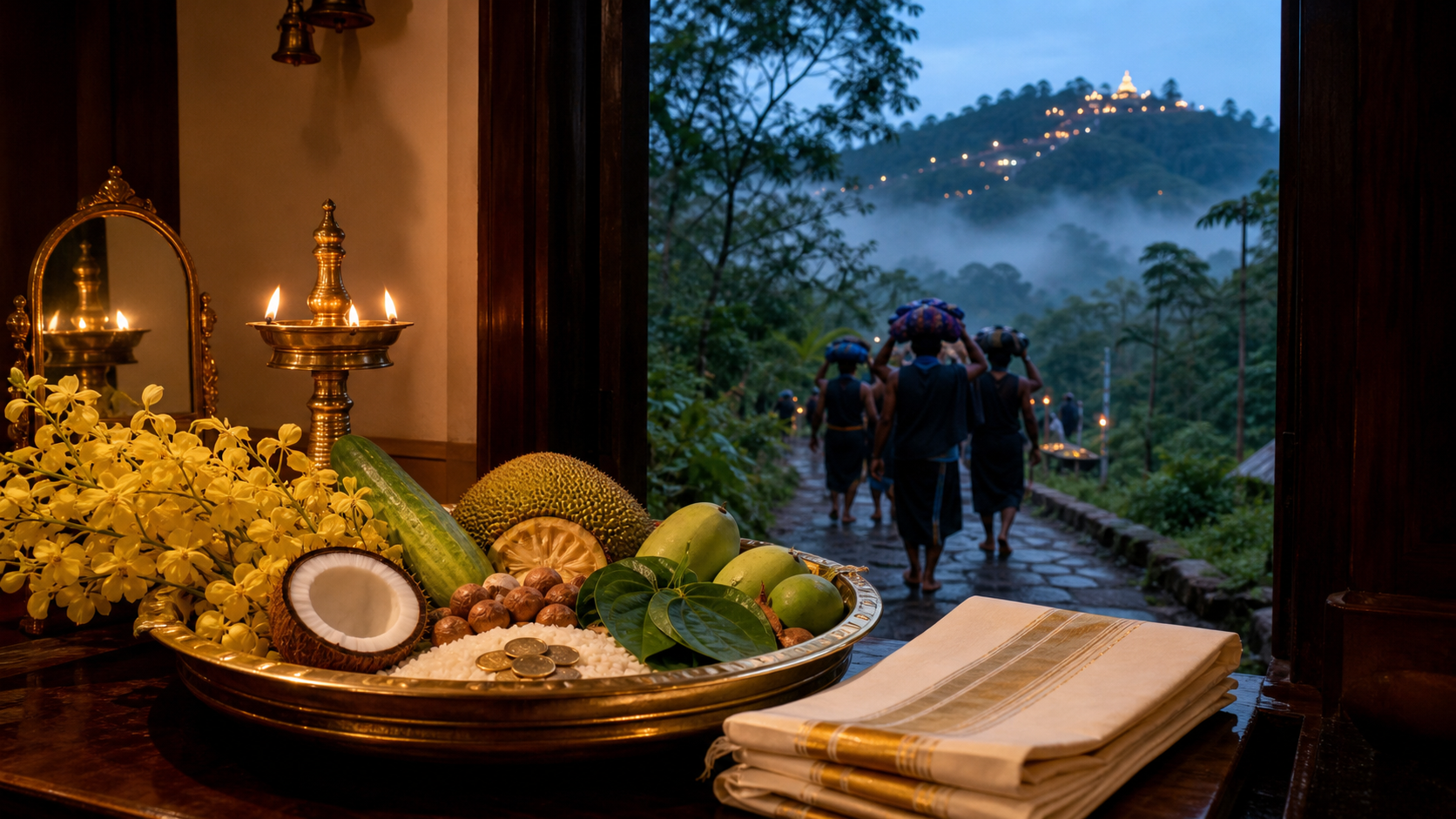 A traditional Vishukkani arrangement lit by a brass lamp inside a Kerala home, with pilgrims walking along a misty forest path beyond the doorway.