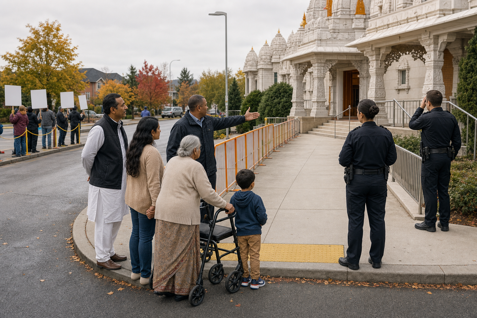 Temple representatives, devotees and public-safety officials inspect an unobstructed route from the curb to a Hindu temple entrance.