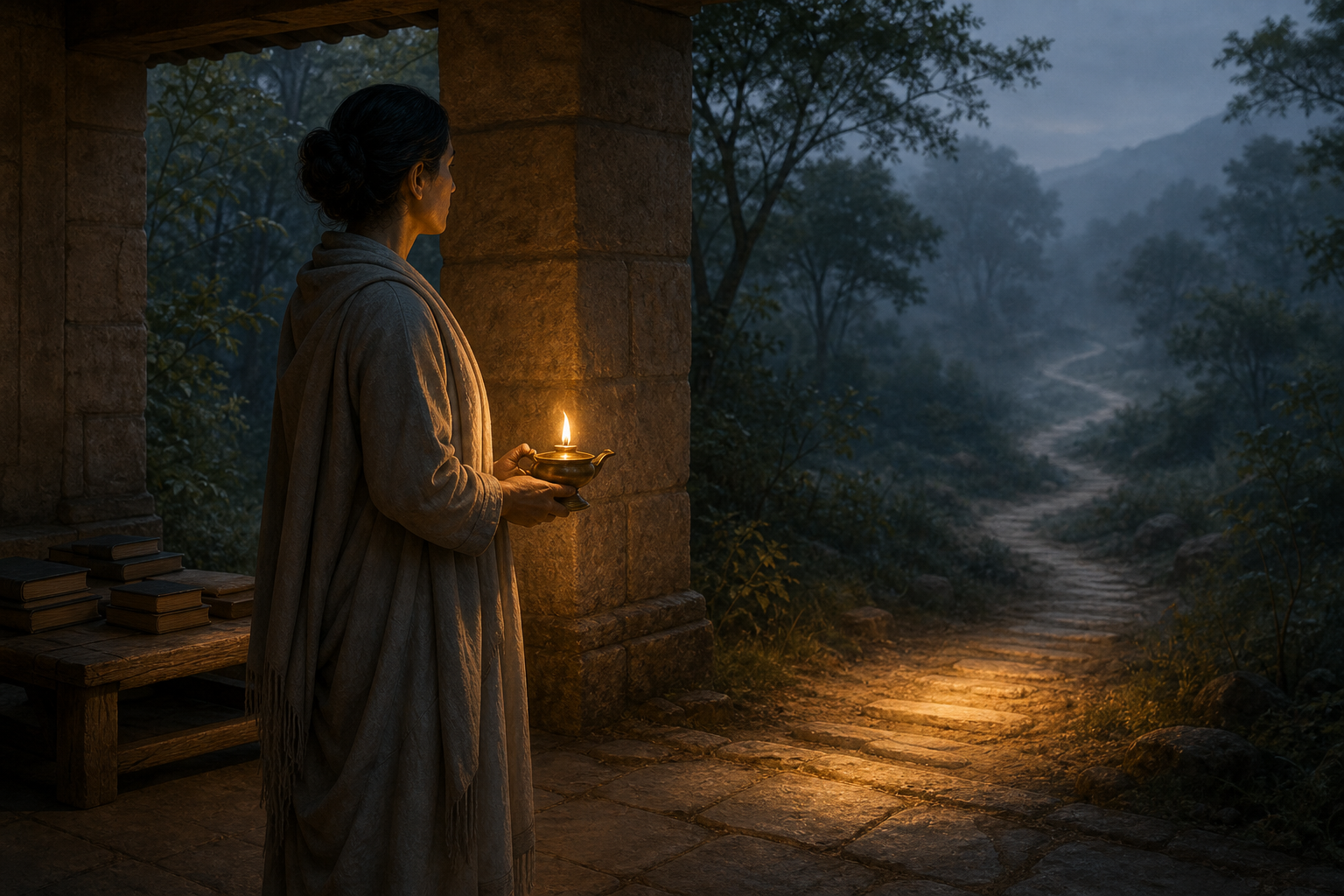 A practitioner holds an oil lamp that illuminates the first steps of a misty forest path, while closed books rest on a low platform behind them.