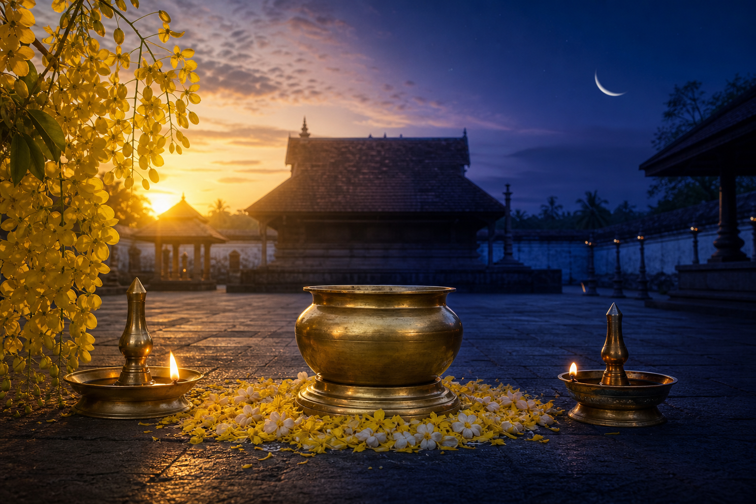Sunrise and a slim moon appear on opposite sides of a Kerala temple courtyard, joined by brass oil lamps and yellow flowers.