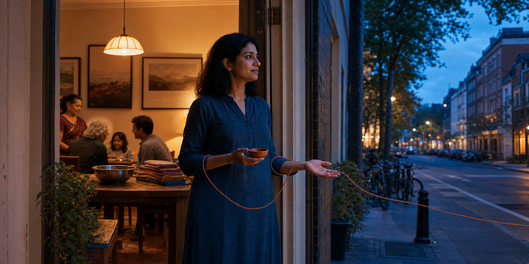 A person stands between a family dining room and a city street while a loose woven thread connects the two spaces.