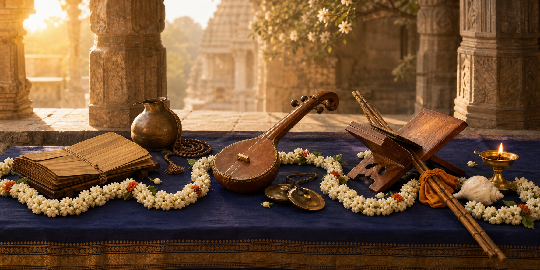 A palm-leaf scripture, devotional instrument, manuscript stand, prayer beads, staff, conch, flowers, and oil lamps arranged along one indigo altar cloth in a temple veranda.