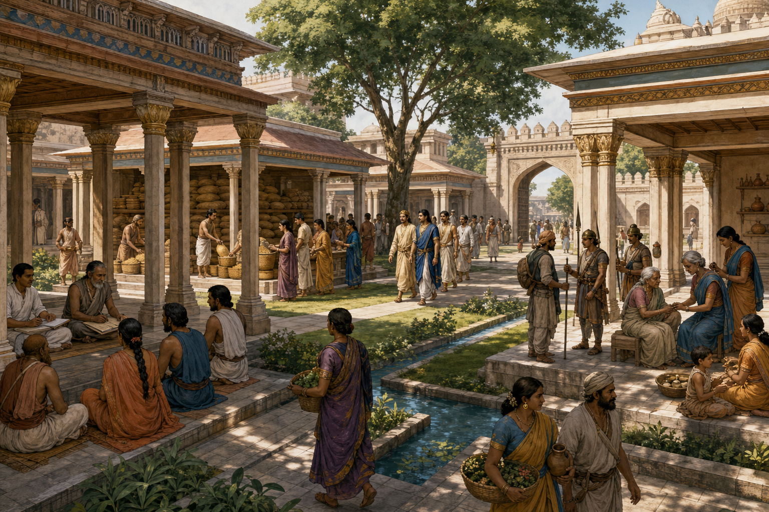 An illustrated civic courtyard in Ayodhya contains an open justice pavilion, granary, healing area, and city watch serving a diverse group of residents while Rama observes from a distance.