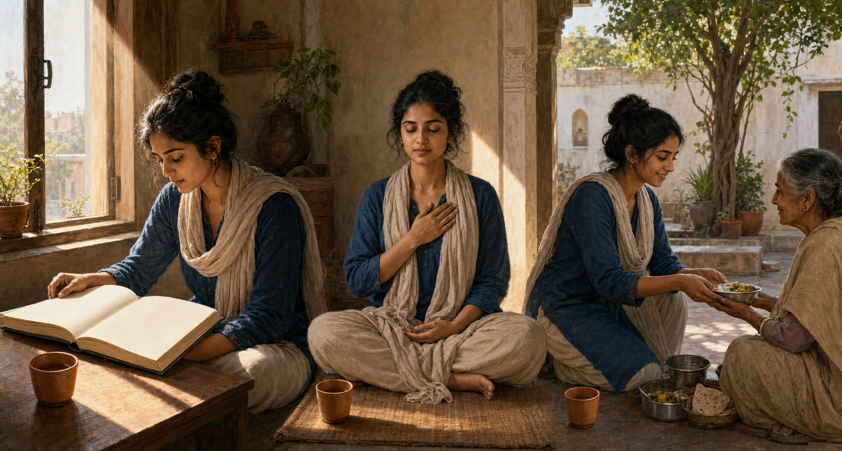 Three connected scenes show one person studying at a window, meditating with a hand over the heart, and serving a meal to an older neighbor.