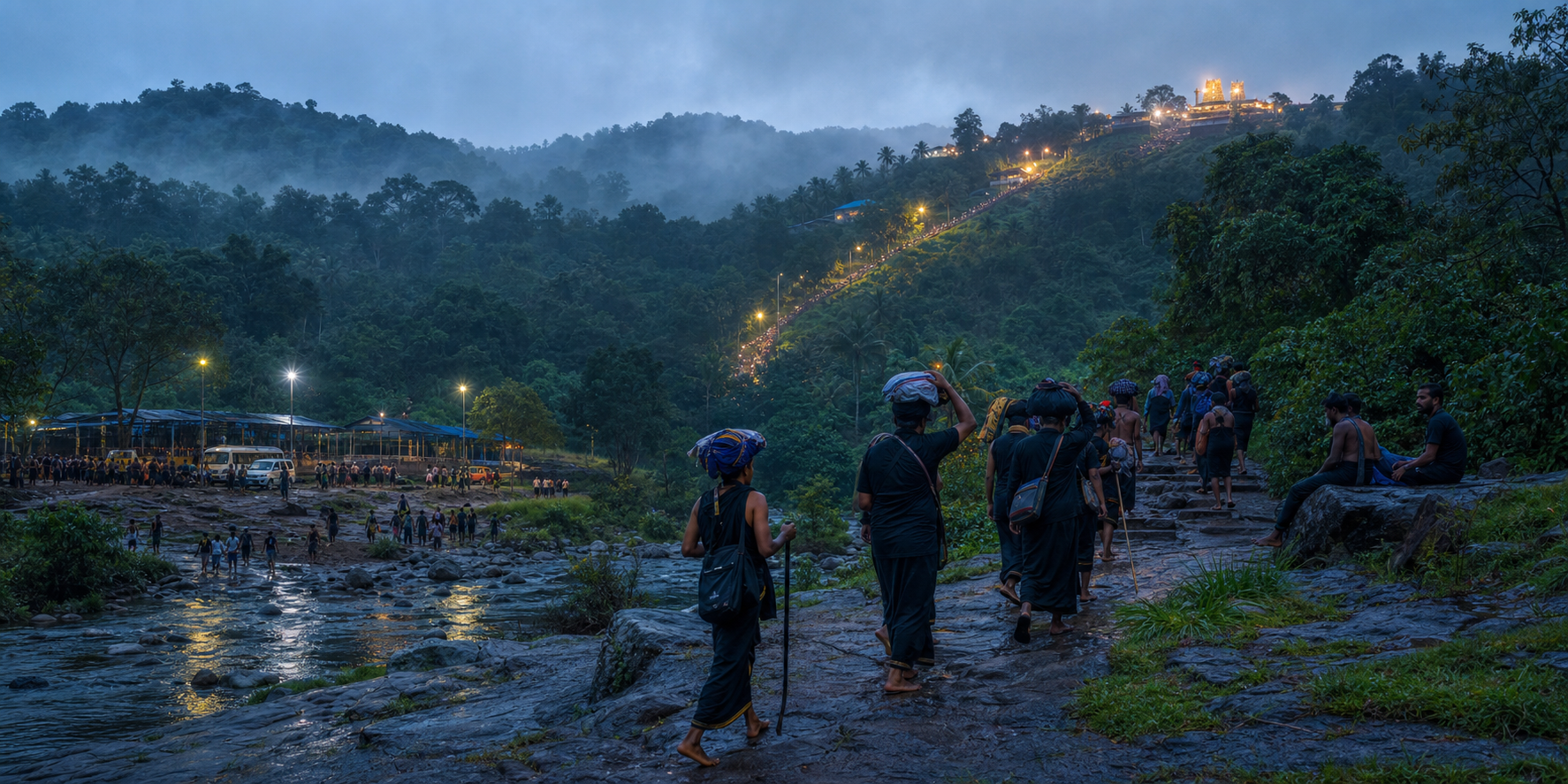 Pilgrims in dark vrata clothing travel from a forested foothill and riverside path toward a softly lit hill temple in the distance.