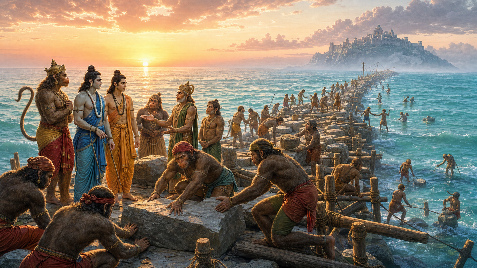 Rama, Lakshmana, Hanuman, Sugriva, Jambavan, Vibhishana, and teams of vanara allies coordinate the construction of a stone causeway across the ocean.