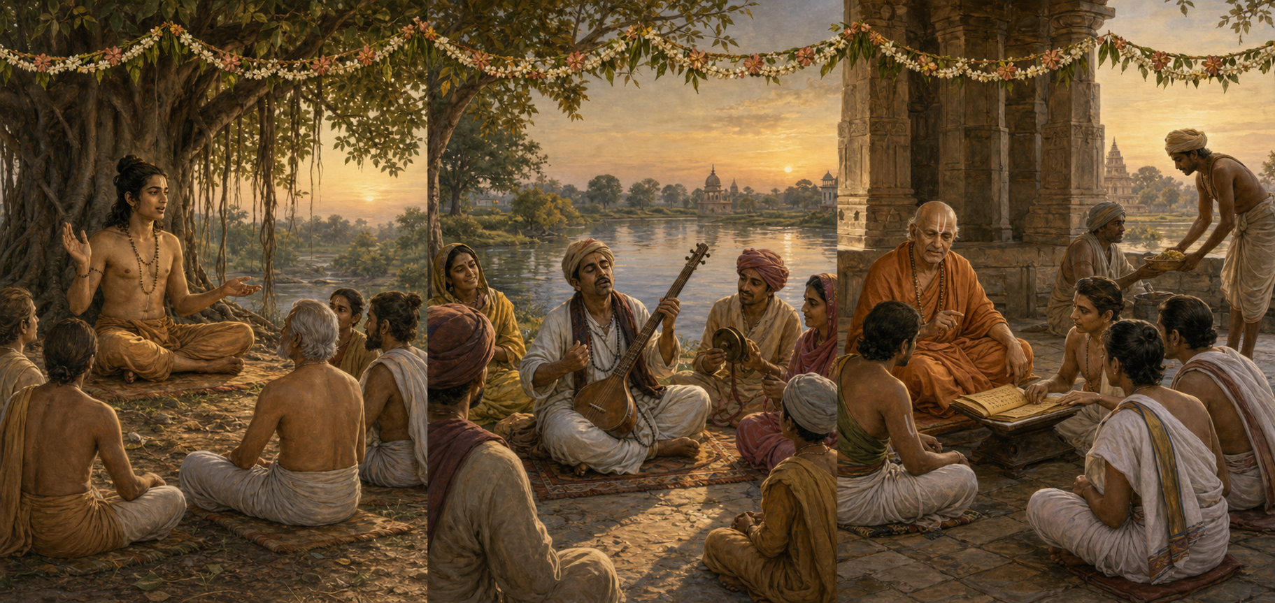 Three illustrated scenes show listeners gathered around Shukadeva Muni, Surdas singing with a string instrument, and Sri Ramanuja teaching while a devotee serves a pilgrim.
