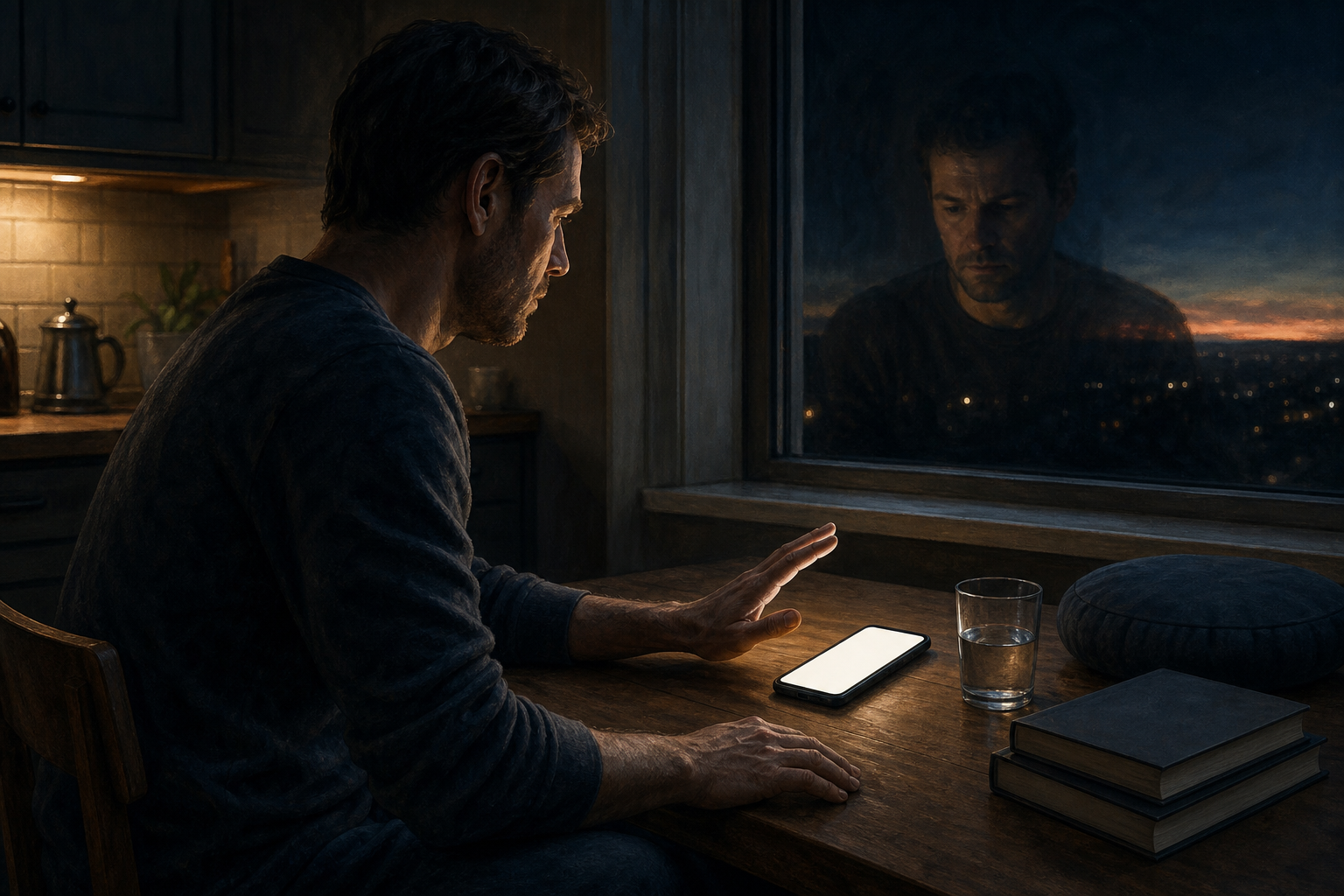 A tense person pauses with a blank-screen phone at a kitchen table at night, lowering one hand as their reflection begins to look calmer.