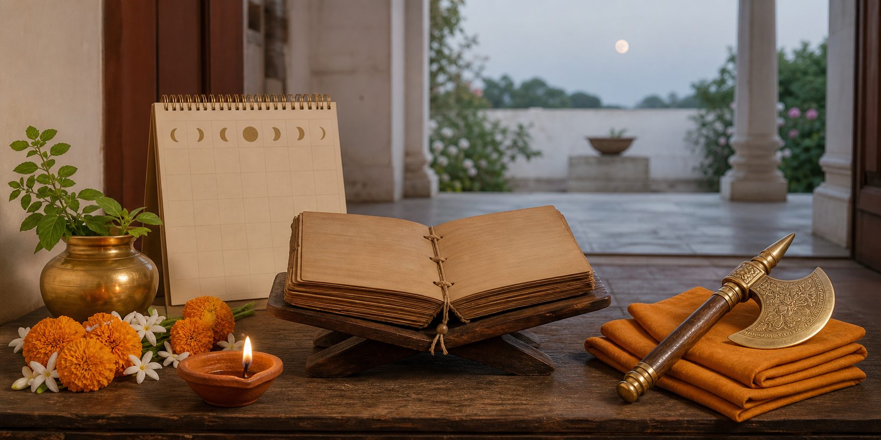 A household altar holds an unmarked palm-leaf manuscript, flowers, a brass vessel, a clay lamp, and a ceremonial axe, with a waxing moon visible beyond the courtyard.
