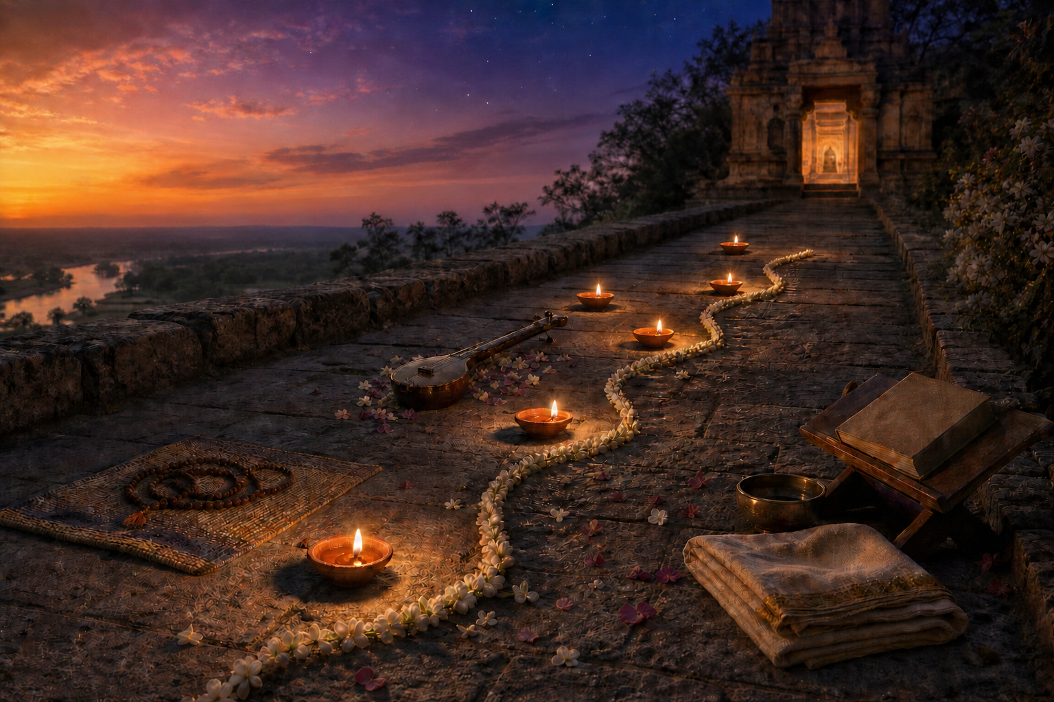 Six oil lamps illuminate a continuous stone path lined with prayer beads, a string instrument, flowers, a manuscript stand, and objects used for service.