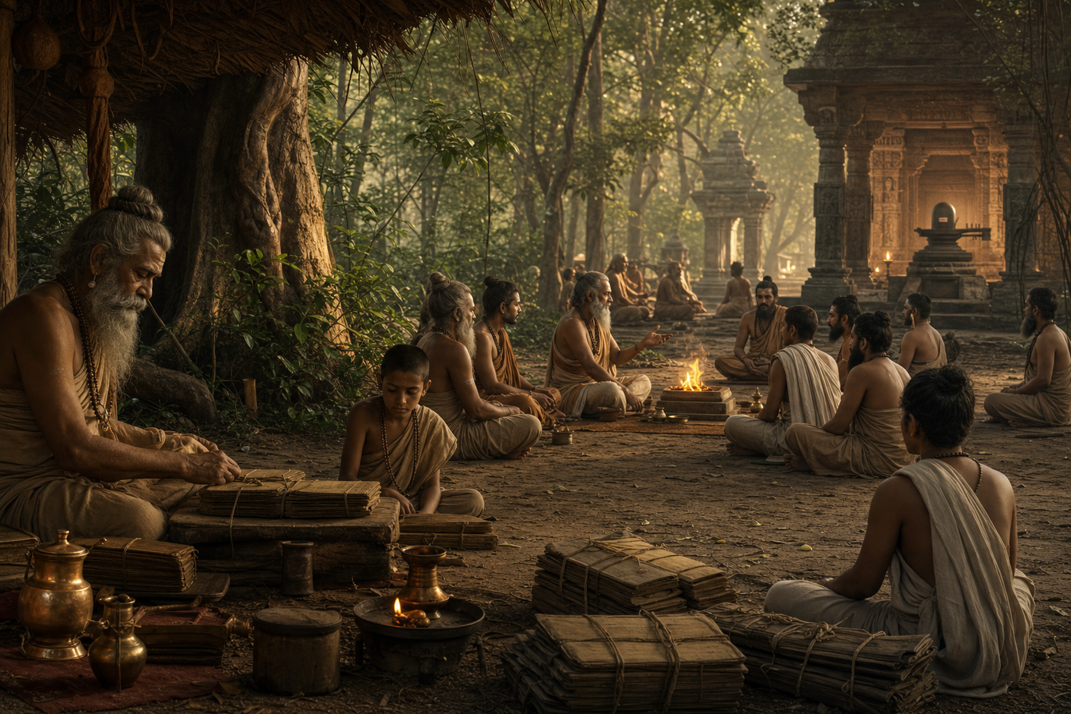 Teachers and students gather between a forest hermitage and a stone temple, with tied palm-leaf manuscript bundles and a ritual fire nearby.