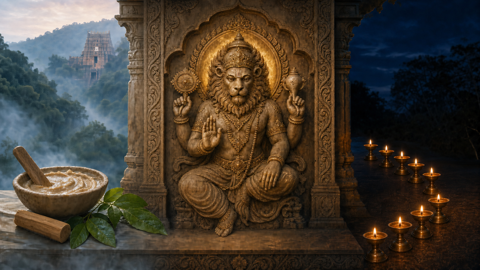 A symbolic stone relief of Narasimha is framed by sandalwood paste on one side and nine glowing brass lamps on the other, with a hill temple in the distance.