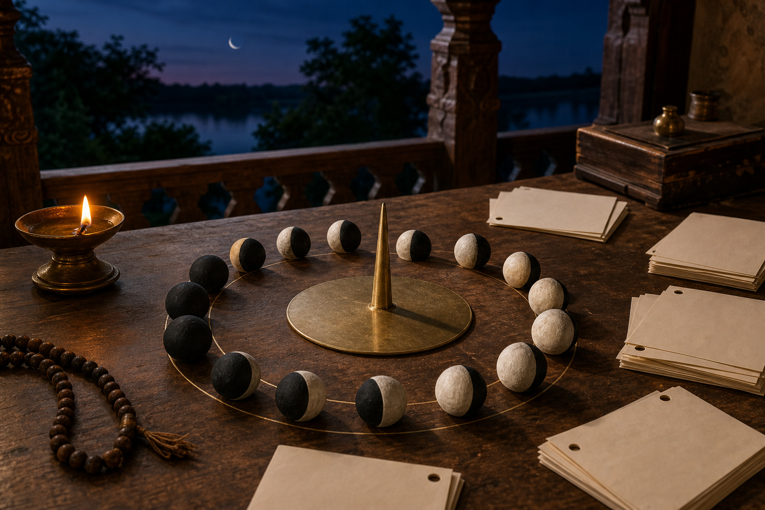 Waxing-moon models, a brass timekeeping instrument, prayer beads, and blank calendar leaves are arranged on a wooden desk at twilight.