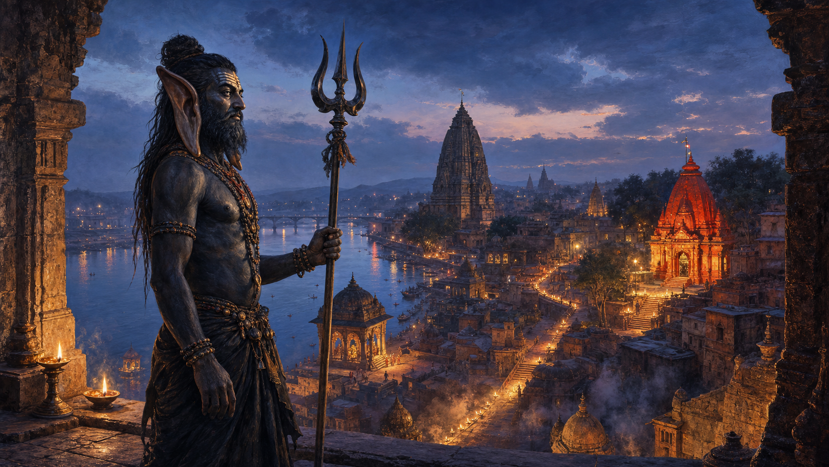 Illustration of a long-eared Bhairava guarding a stone threshold above Ujjain, with the Shipra River and illuminated Shaiva and Shakti shrines in the distance.