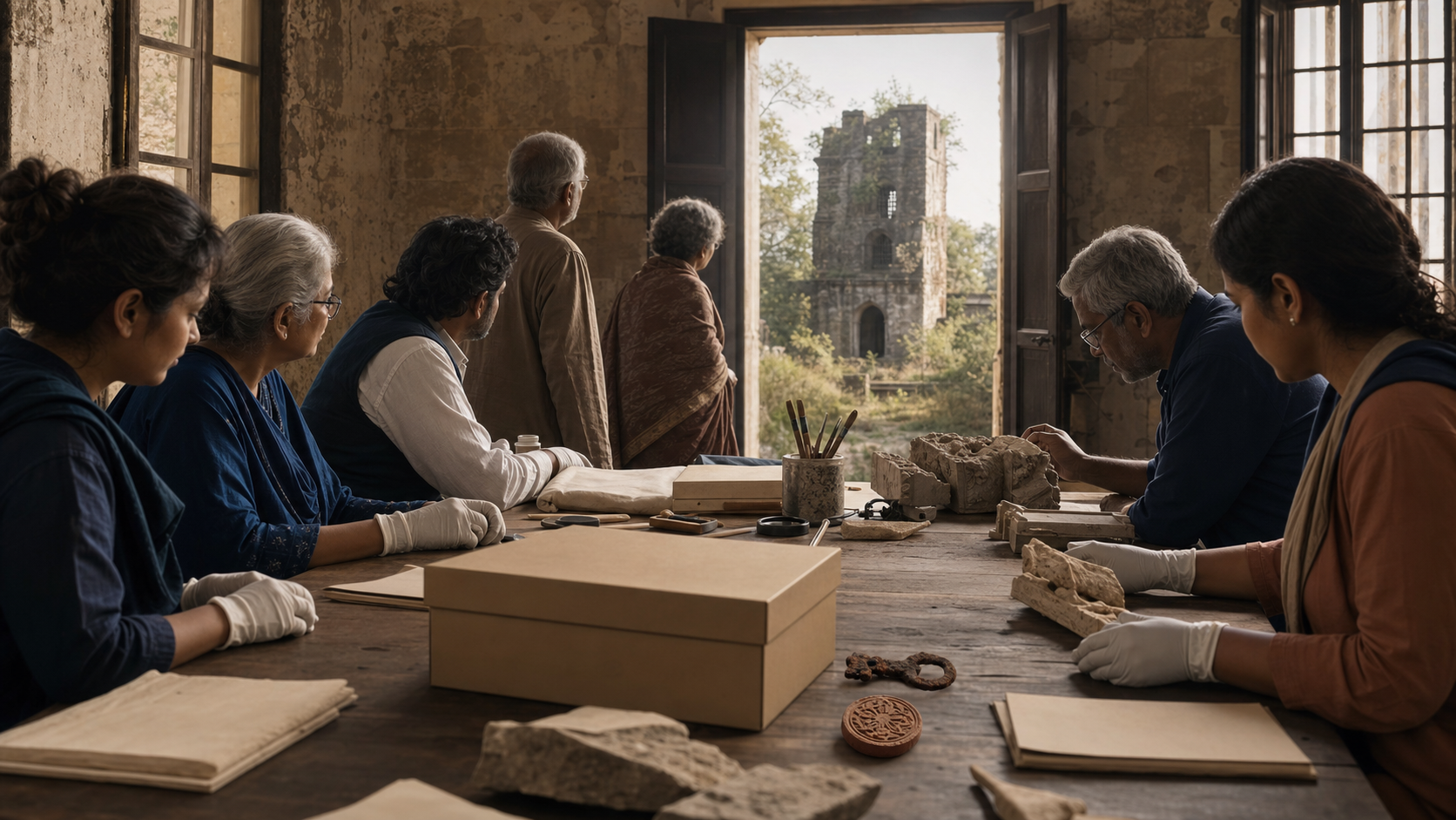 Community custodians and archivists examine preserved objects at a table inside an old stone administrative building, with an overgrown detention structure visible outside.