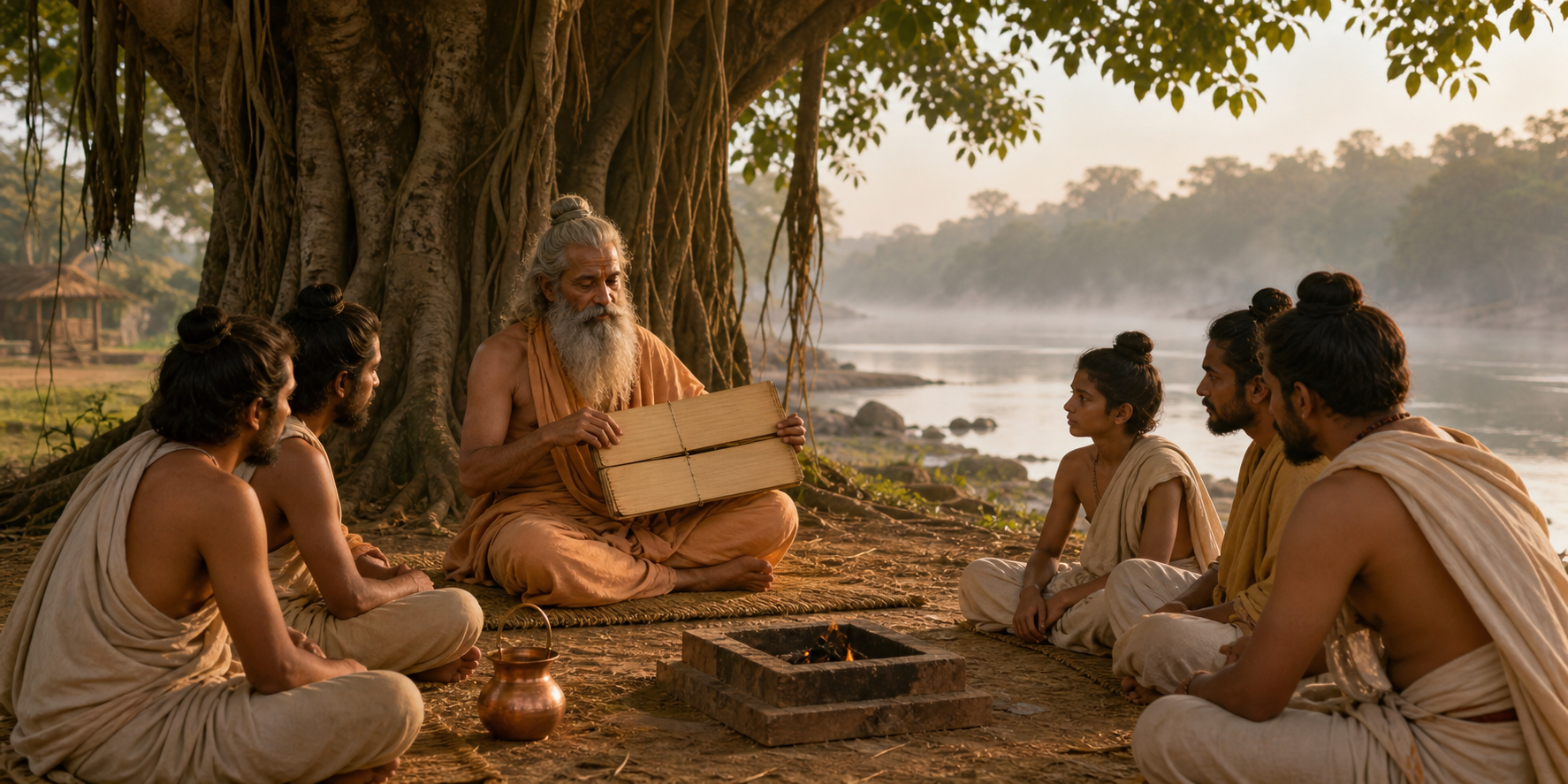 An elderly sage in ochre garments teaches students from blank palm leaves beneath a banyan tree beside a misty river.