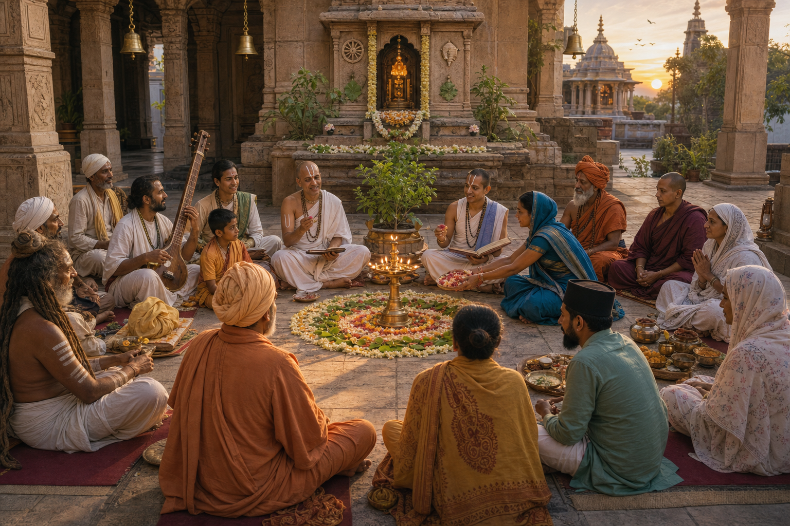 Vaishnava devotees and guests from other Indian traditions gather around a shared lamp in a temple courtyard while retaining distinct clothing, ritual objects, and forehead markings.