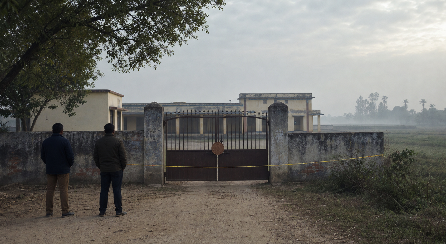 A closed rural educational compound with a sealed entrance, police cordon and two investigators outside in soft morning light.