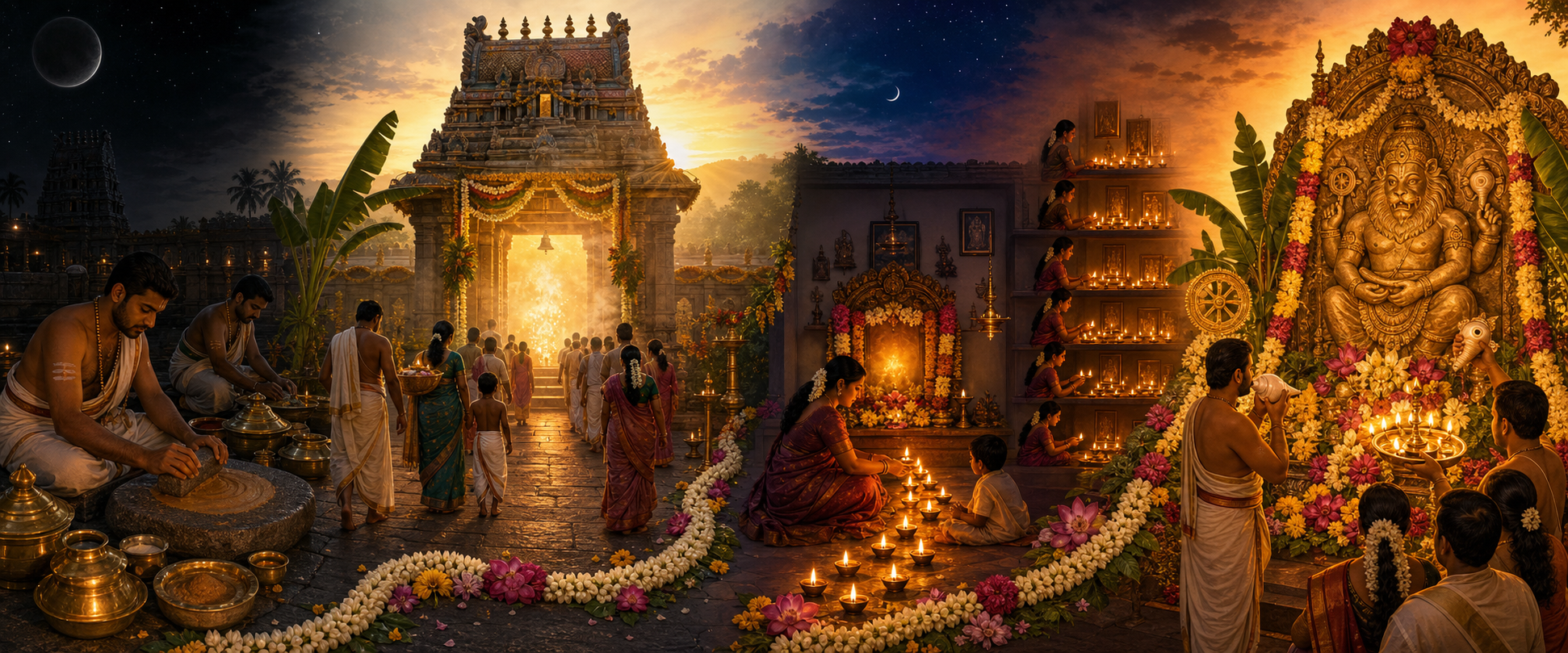 A panoramic sequence shows sandalwood being prepared under a new moon, pilgrims approaching a glowing temple sanctum, a household observing nine lamp-lit nights, and a final Narasimha worship ceremony.
