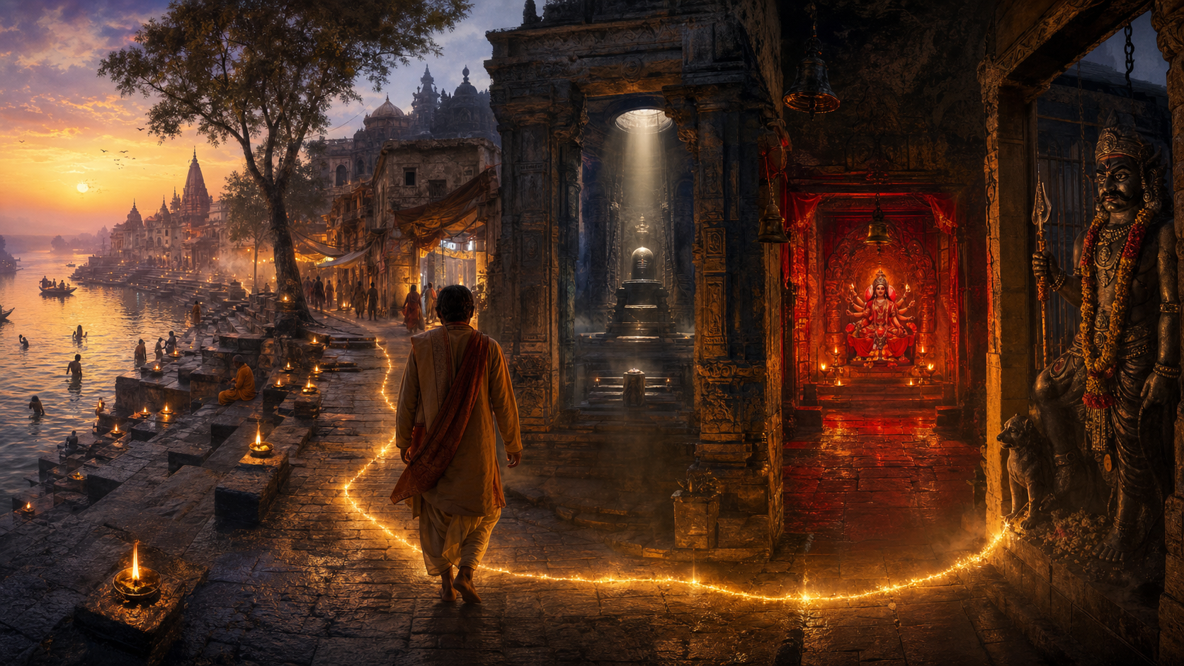 A pilgrim follows a continuous route from the Shipra River through temple lanes toward Shaiva, Shakti, and Bhairava sacred spaces in Ujjain.