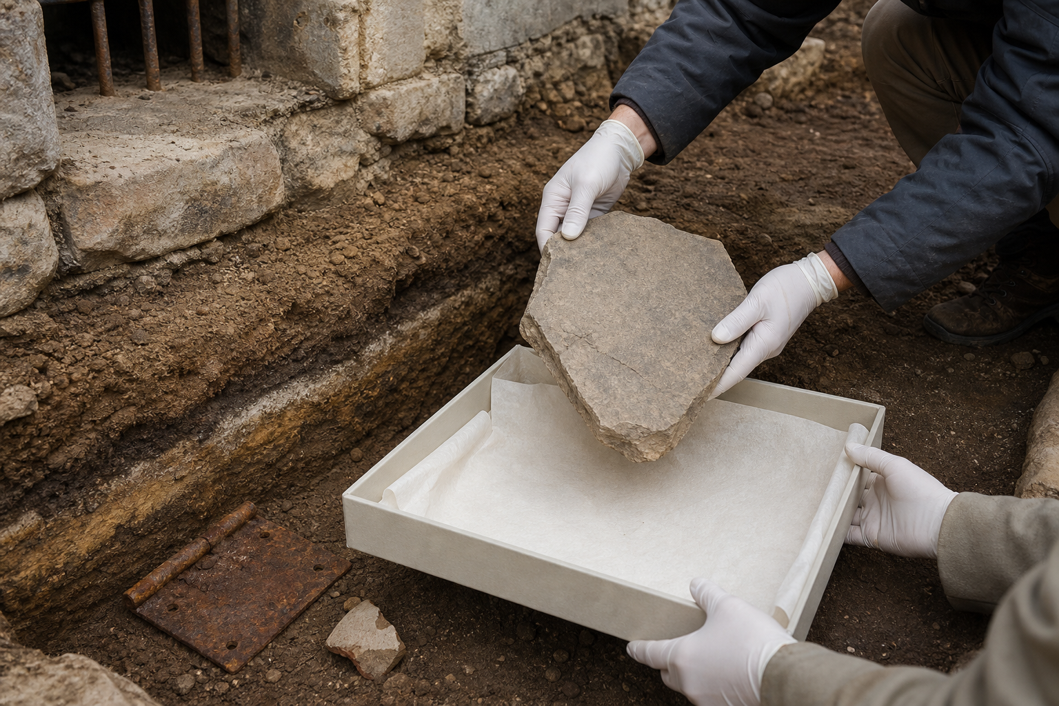 Gloved conservators transfer a cracked uninscribed stone fragment from the foundation of an old holding cell into an archival tray.