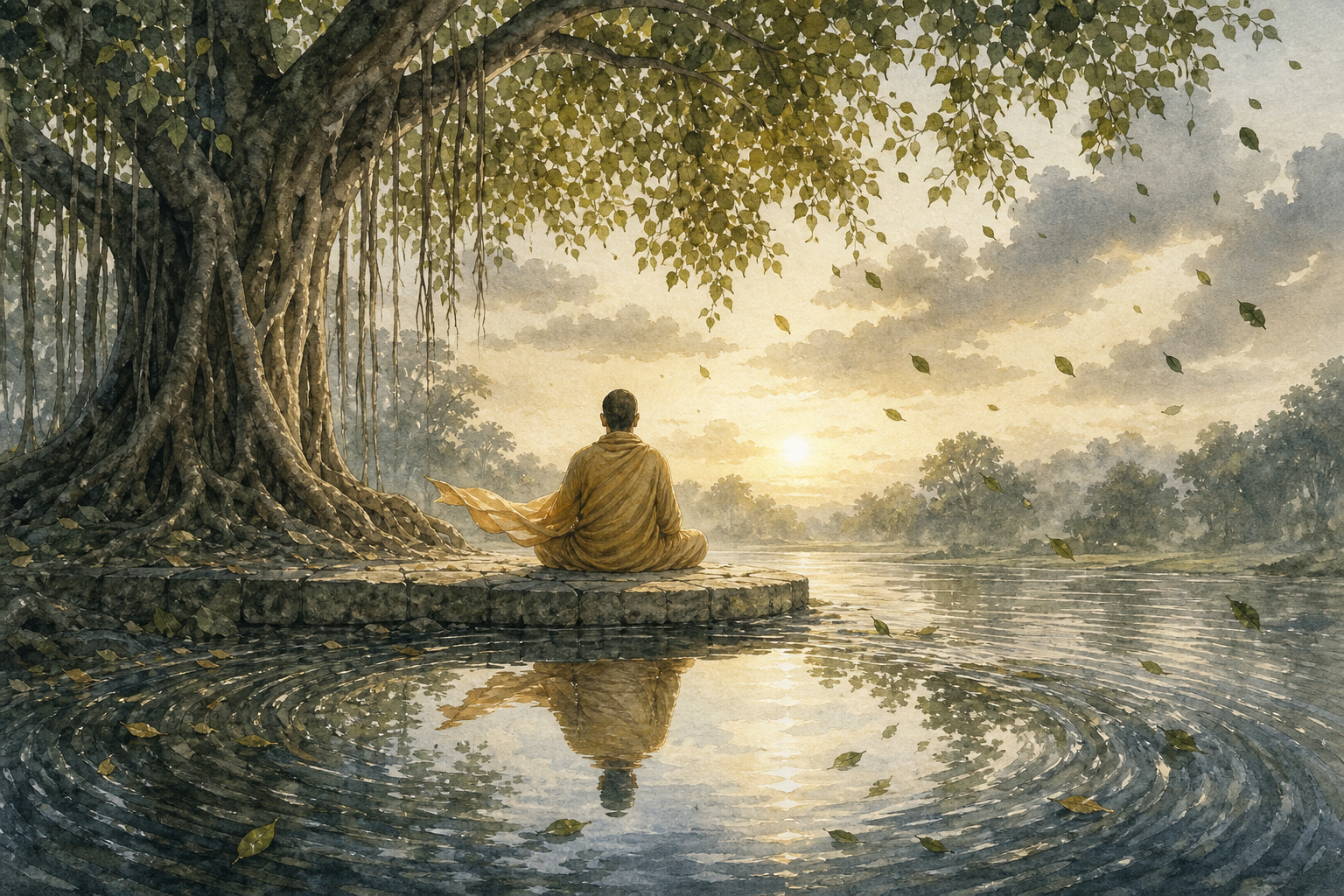 A contemplative sits beneath a banyan tree as wind moves the leaves and ripples spread across a nearby pond.