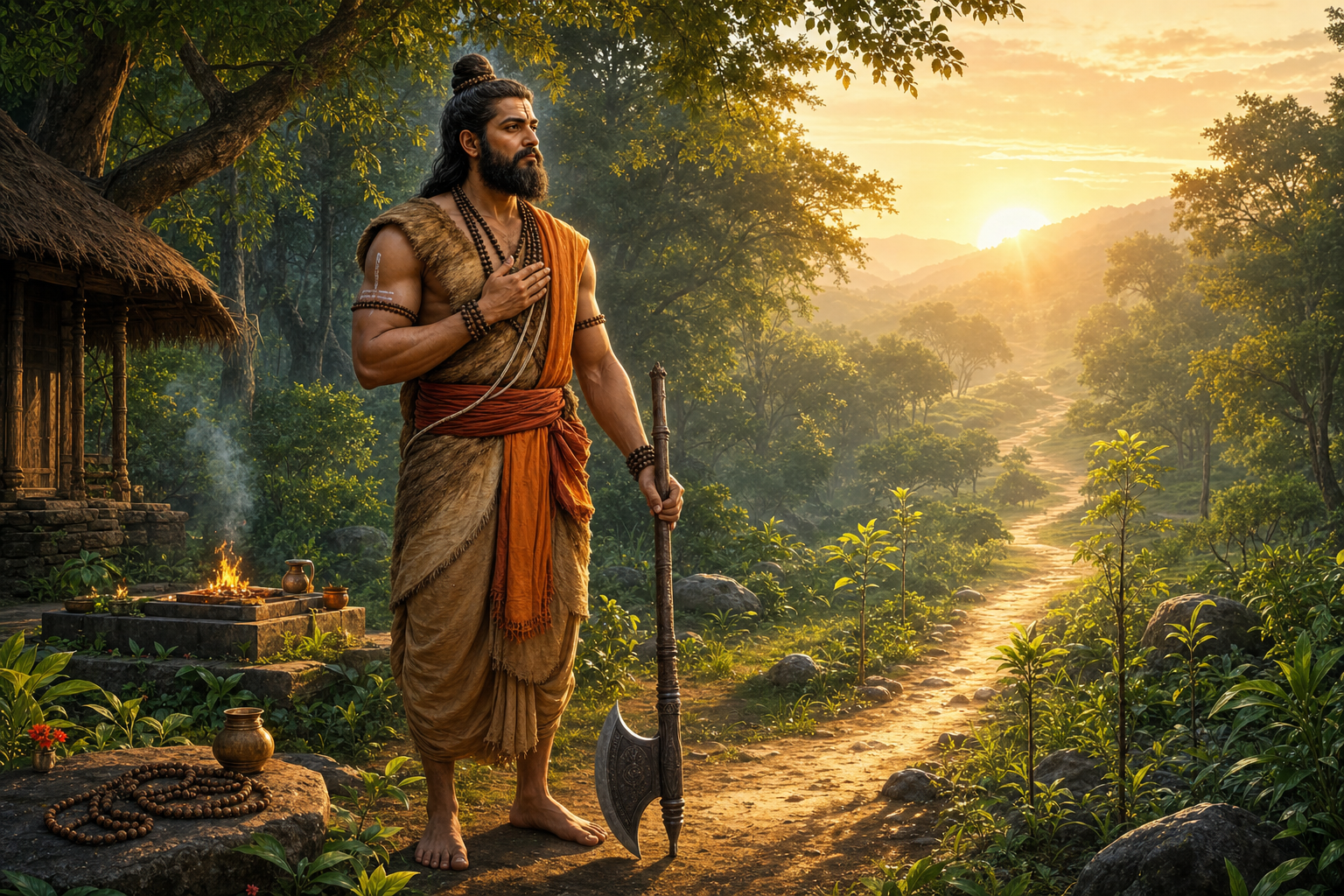 An ascetic-warrior stands peacefully in a forest hermitage with a lowered ceremonial axe and one open hand over his heart.