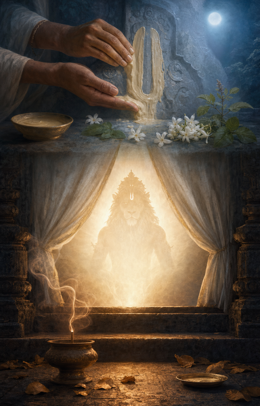 A warm stone threshold leads to a radiant Narasimha silhouette behind parted curtains, while hands apply cooling sandalwood paste to carved stone above.
