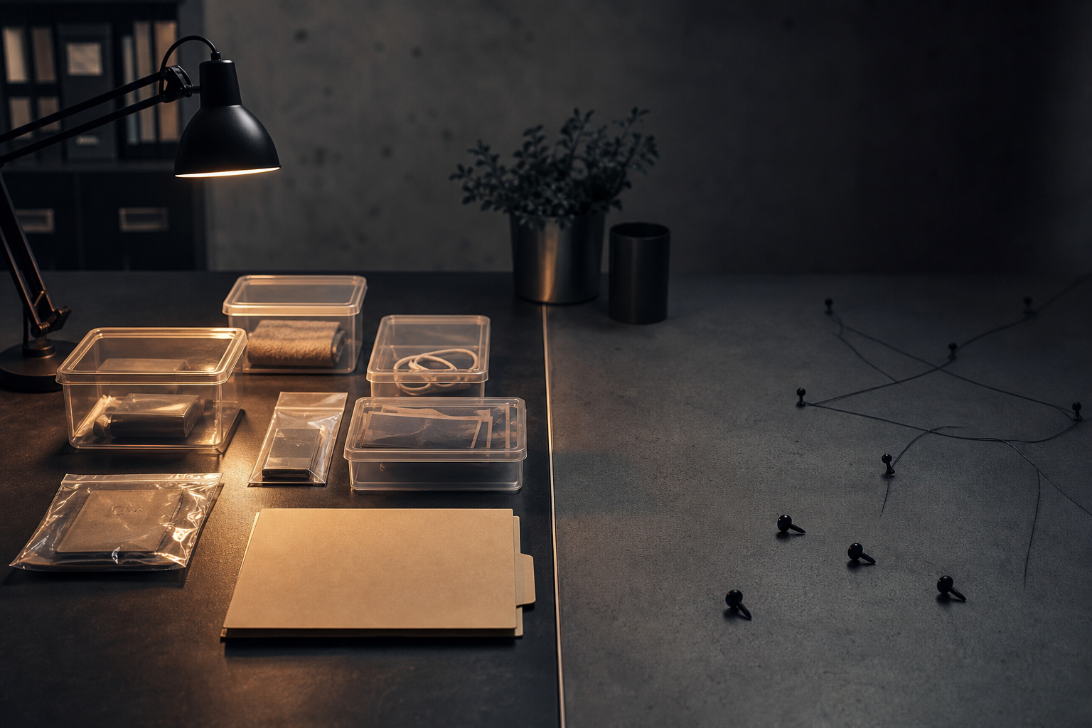 Sealed evidence containers and an unmarked folder sit on one side of an investigation desk while unresolved leads fade into shadow on the other.