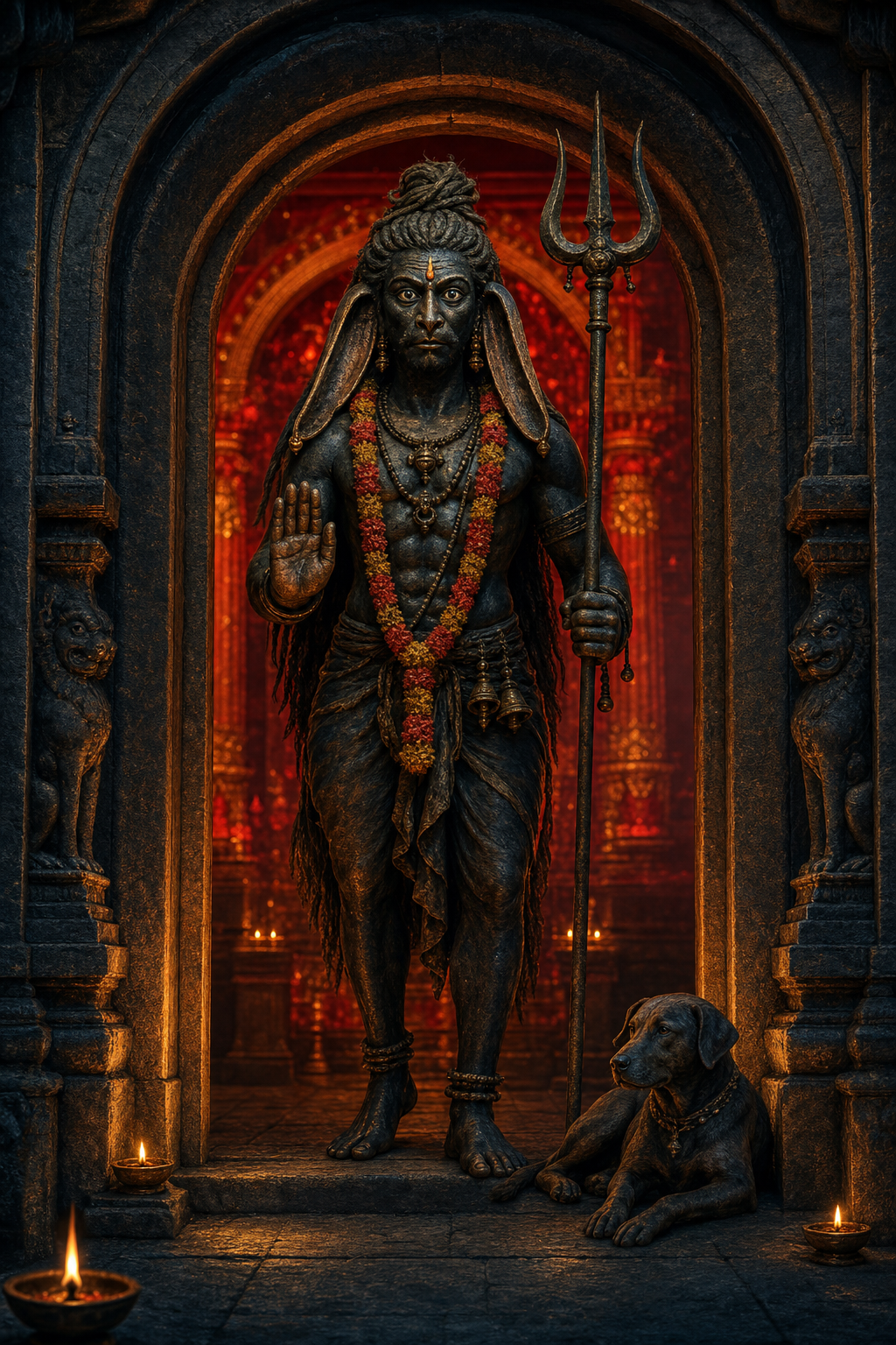 A long-eared Bhairava with a trident stands beneath a stone arch between a shadowed courtyard and a red-lit sanctuary, with a dog resting nearby.