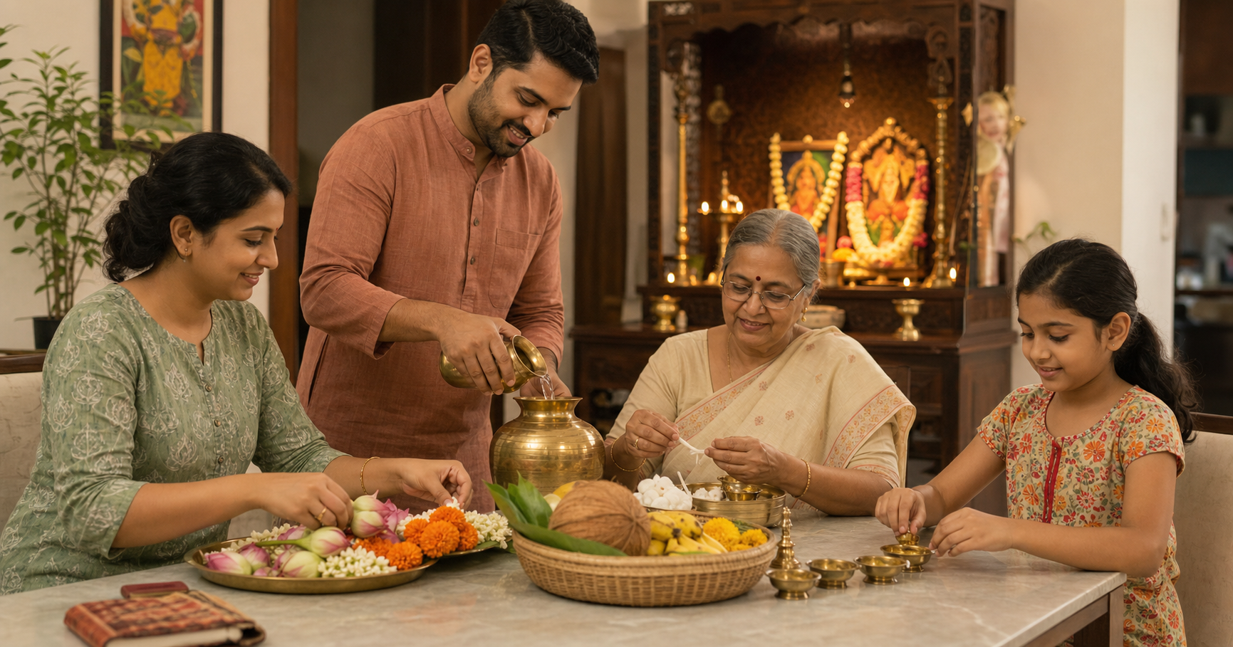 Three generations prepare flowers, fruit, lamp wicks, bowls, and a brass vessel together at a household table beside a small shrine.