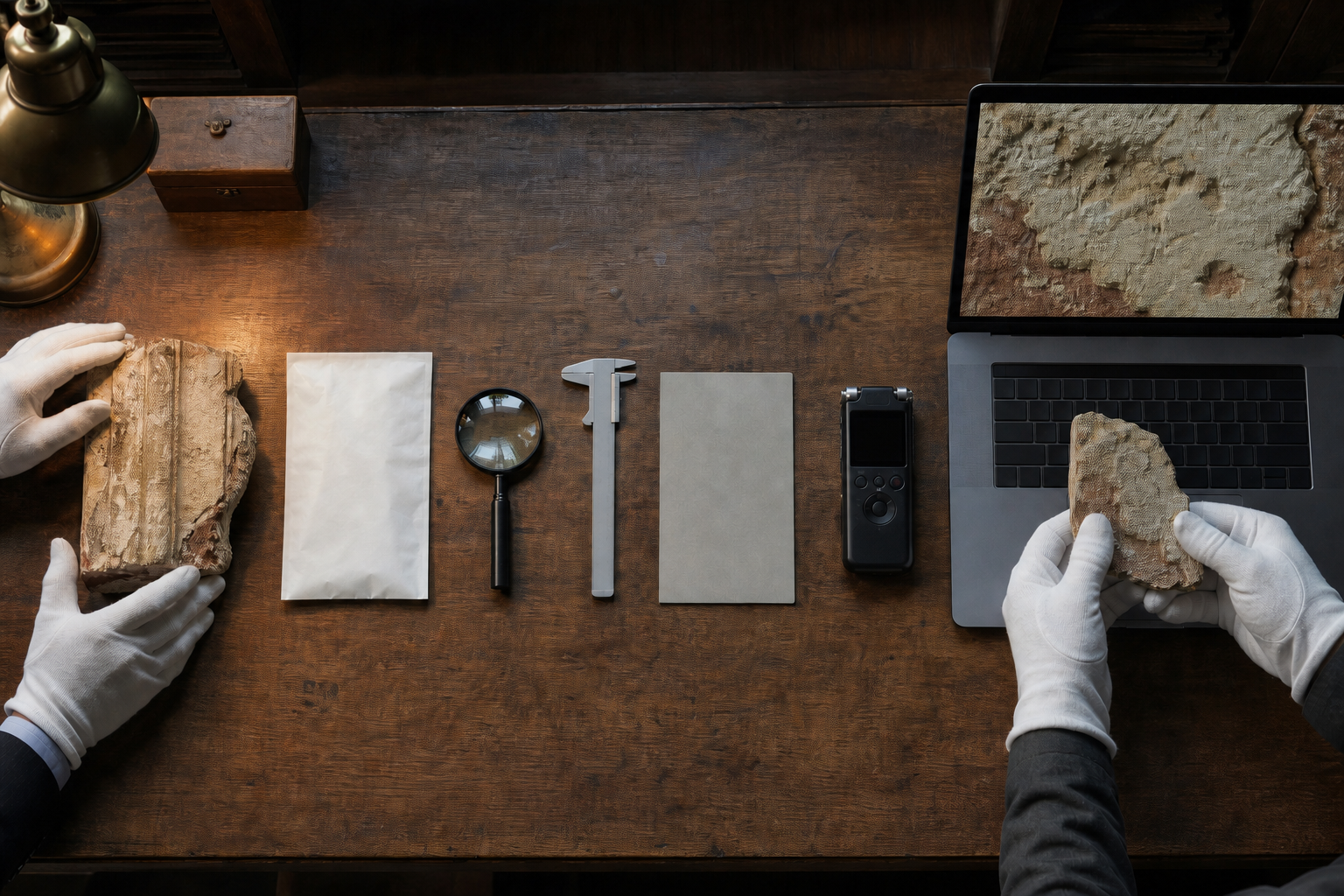 An overhead view shows researchers comparing a building fragment with measuring tools, archival materials, an audio recorder, and a digital scan.