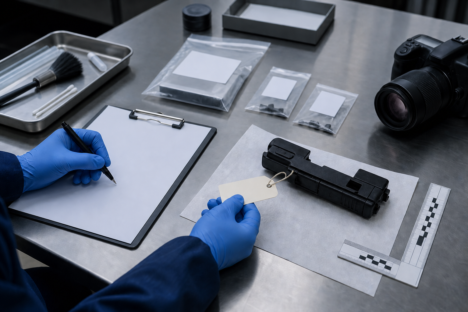 Gloved forensic staff examine an unloaded firearm component and sealed evidence bags beside laboratory documentation tools.