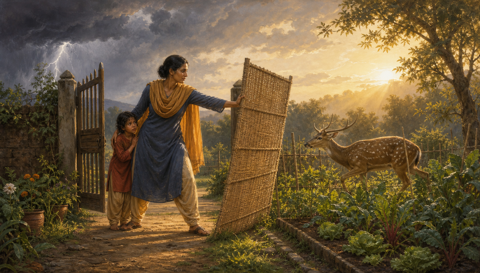 A calm adult protects a child and garden by using a woven screen to guide a deer safely away from the plants as a storm clears.