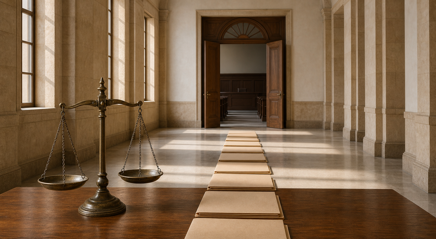 Balanced scales and closed case folders sit in a quiet courthouse corridor leading toward an empty courtroom.