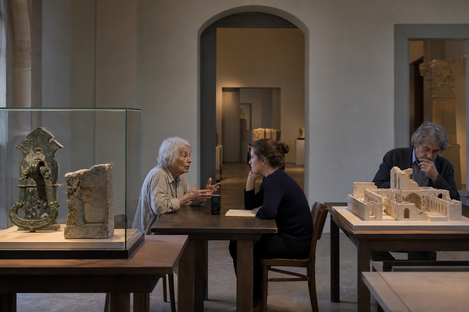 A study room contains a preserved building artifact, an elder speaking beside an audio recorder, and a historian examining an incomplete architectural model.