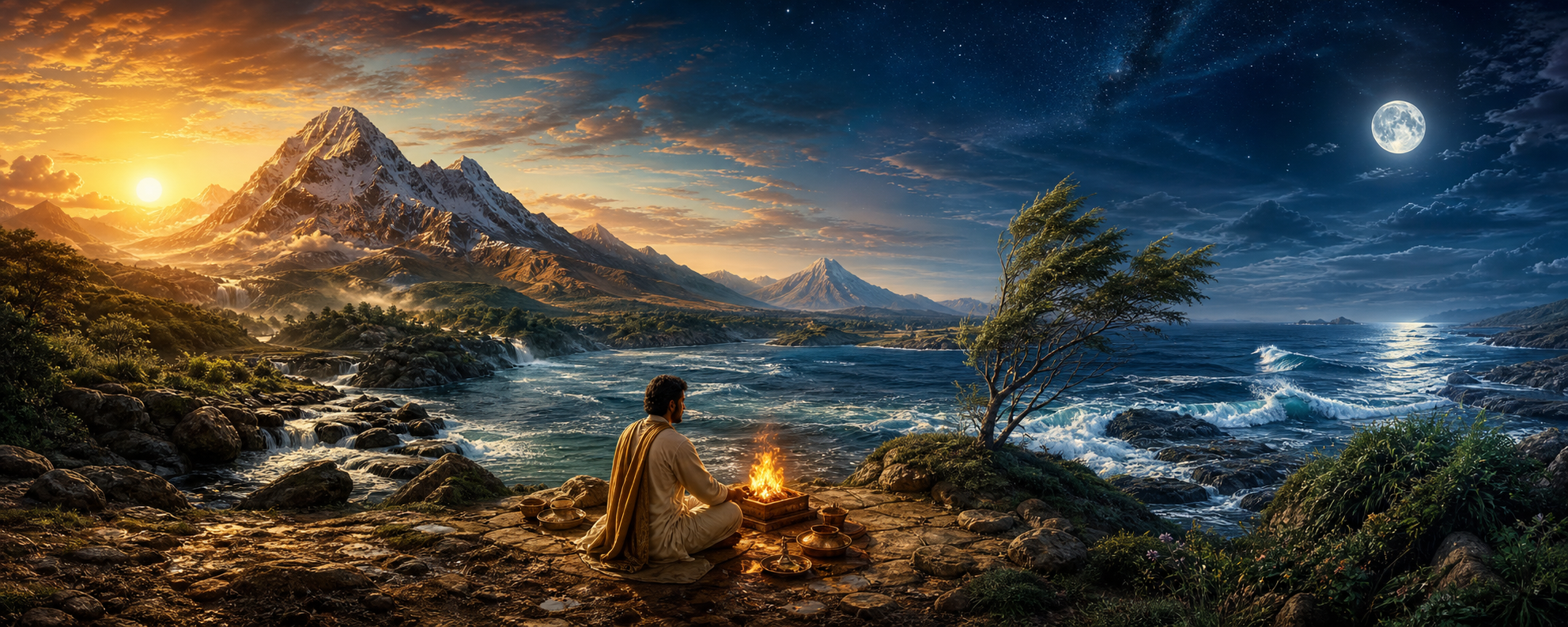 A human figure tends a small sacred fire in a landscape that joins soil, water, wind, open space, the sun, and the moon.