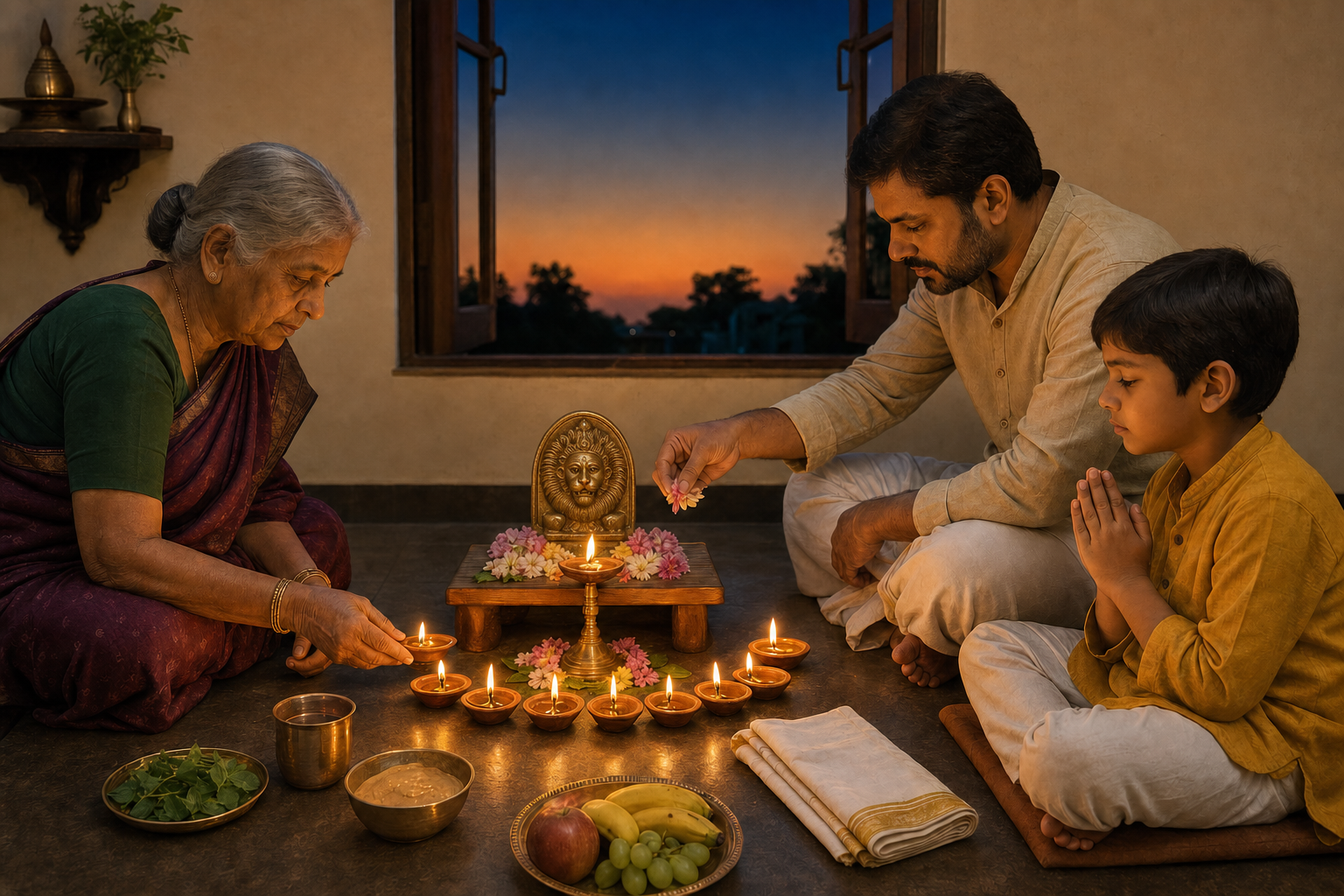 Three generations of a family pray at a small Narasimha shrine with oil lamps, sandalwood paste, tulsi leaves, fruit, and a copper water cup at dusk.