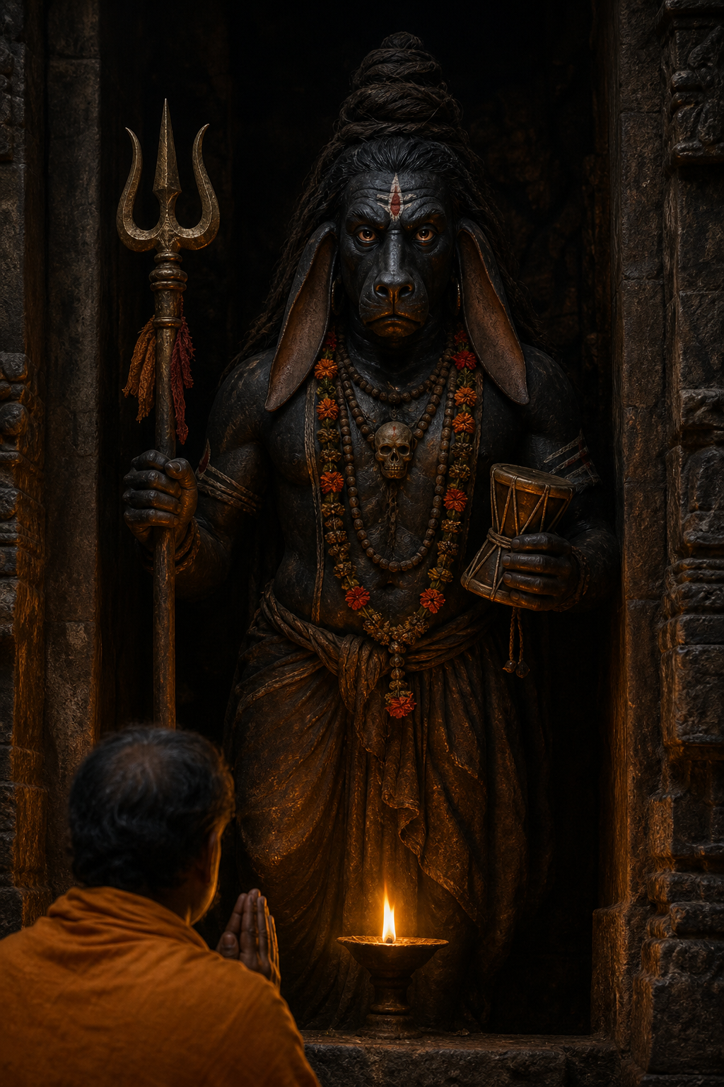 A devotee stands before a long-eared Bhairava figure illuminated by an oil lamp, with a trident, hand drum, garland, and sanctuary threshold visible.