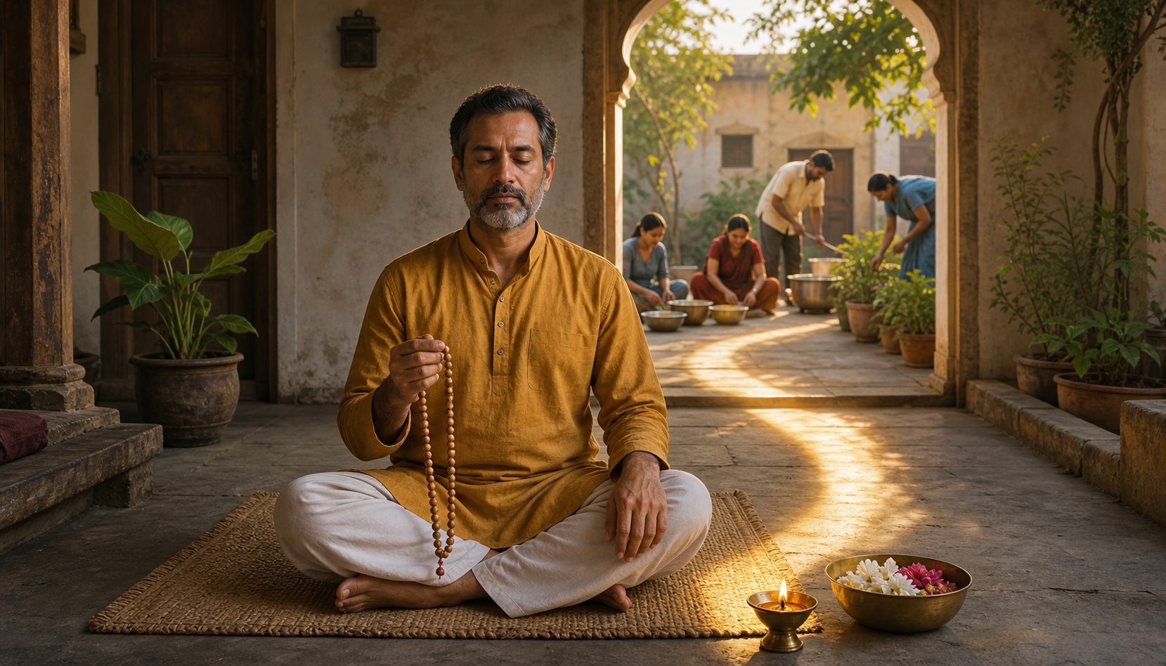 A practitioner uses a wooden mala beside an oil lamp in a sunlit courtyard while people prepare food and tend plants in the background.