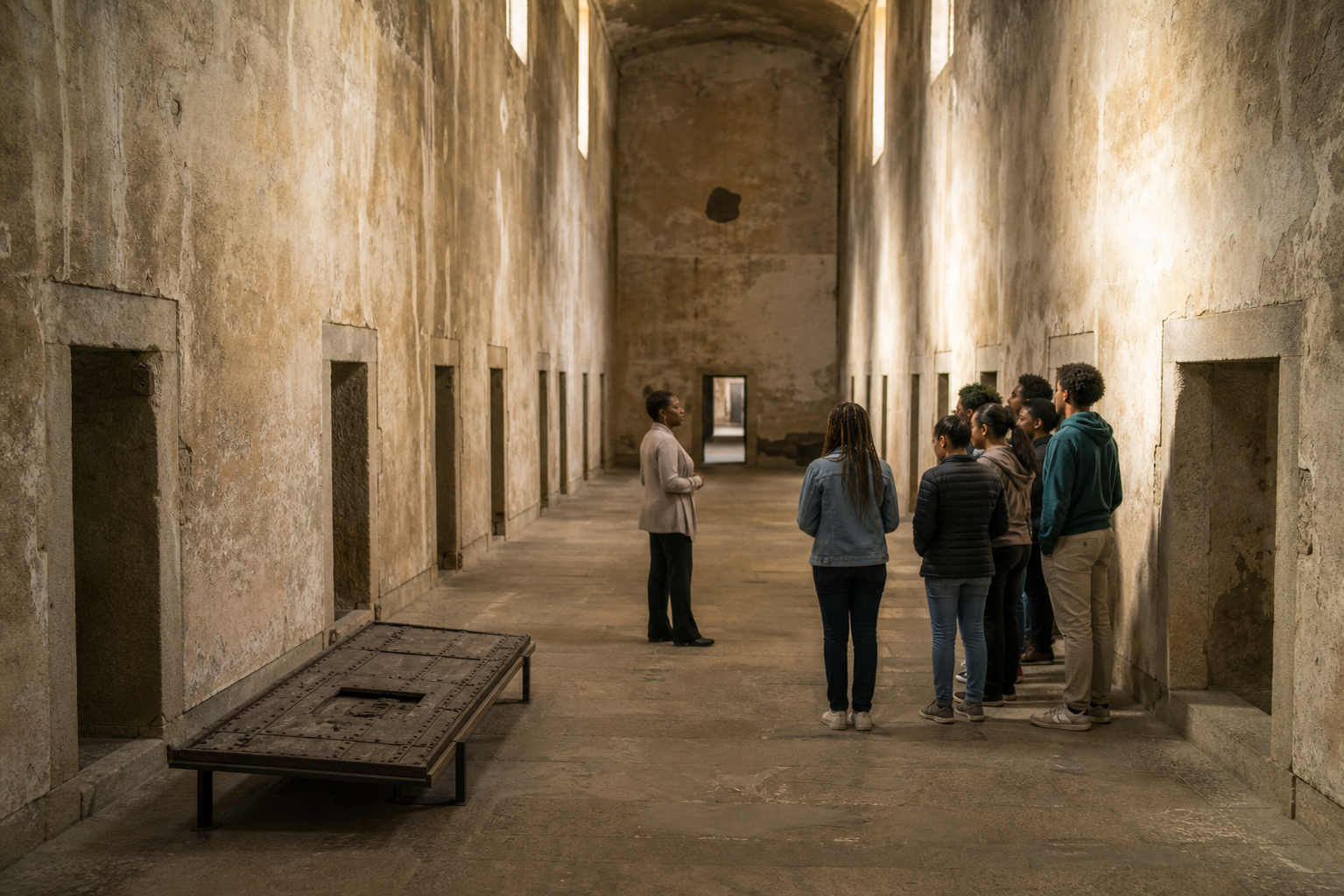 Students and community visitors quietly observe a row of empty confinement rooms and a preserved iron door in a restrained memorial setting.