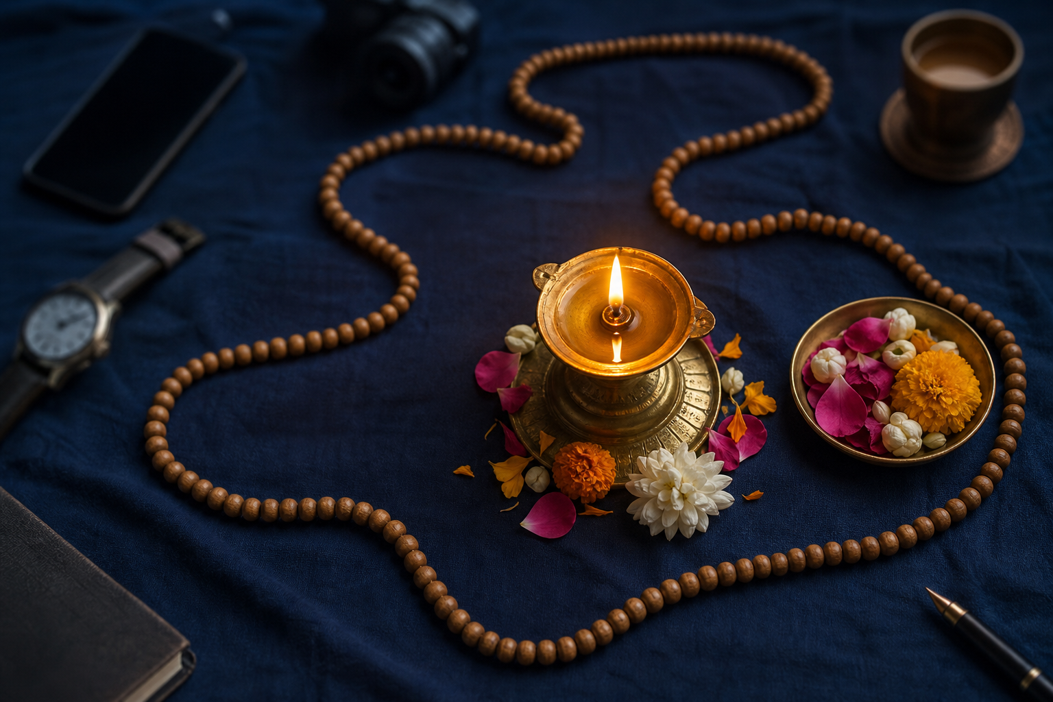 A wooden mala forms a looping path across indigo cloth and ends beside a lit oil lamp, flower petals, and an offering bowl.