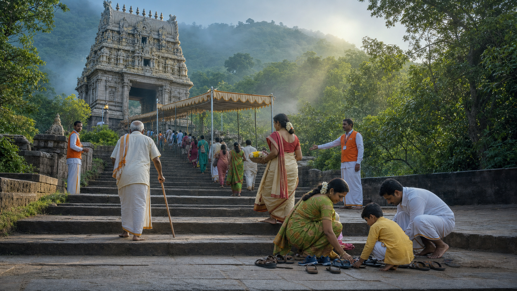 Pilgrims walk in an orderly line through a misty forested hillside toward a South Indian temple gateway, carrying simple flower and sandalwood offerings.