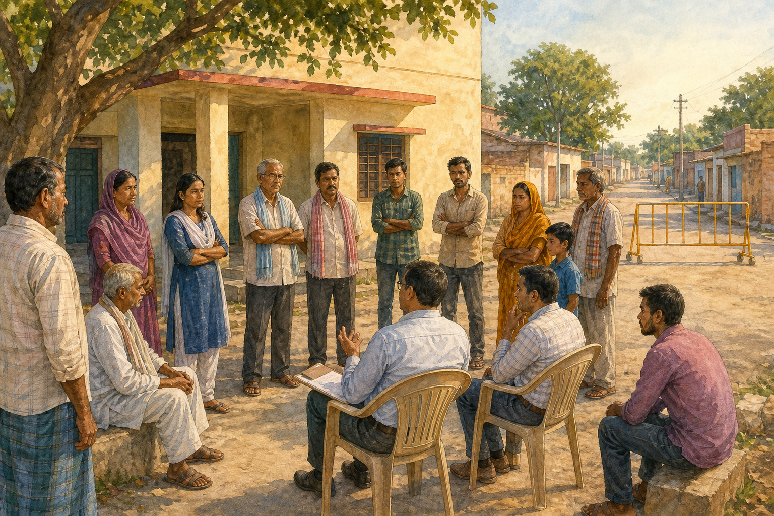Residents of different ages speak calmly with civil officials near a community building while a distant safety barrier marks an investigation area.