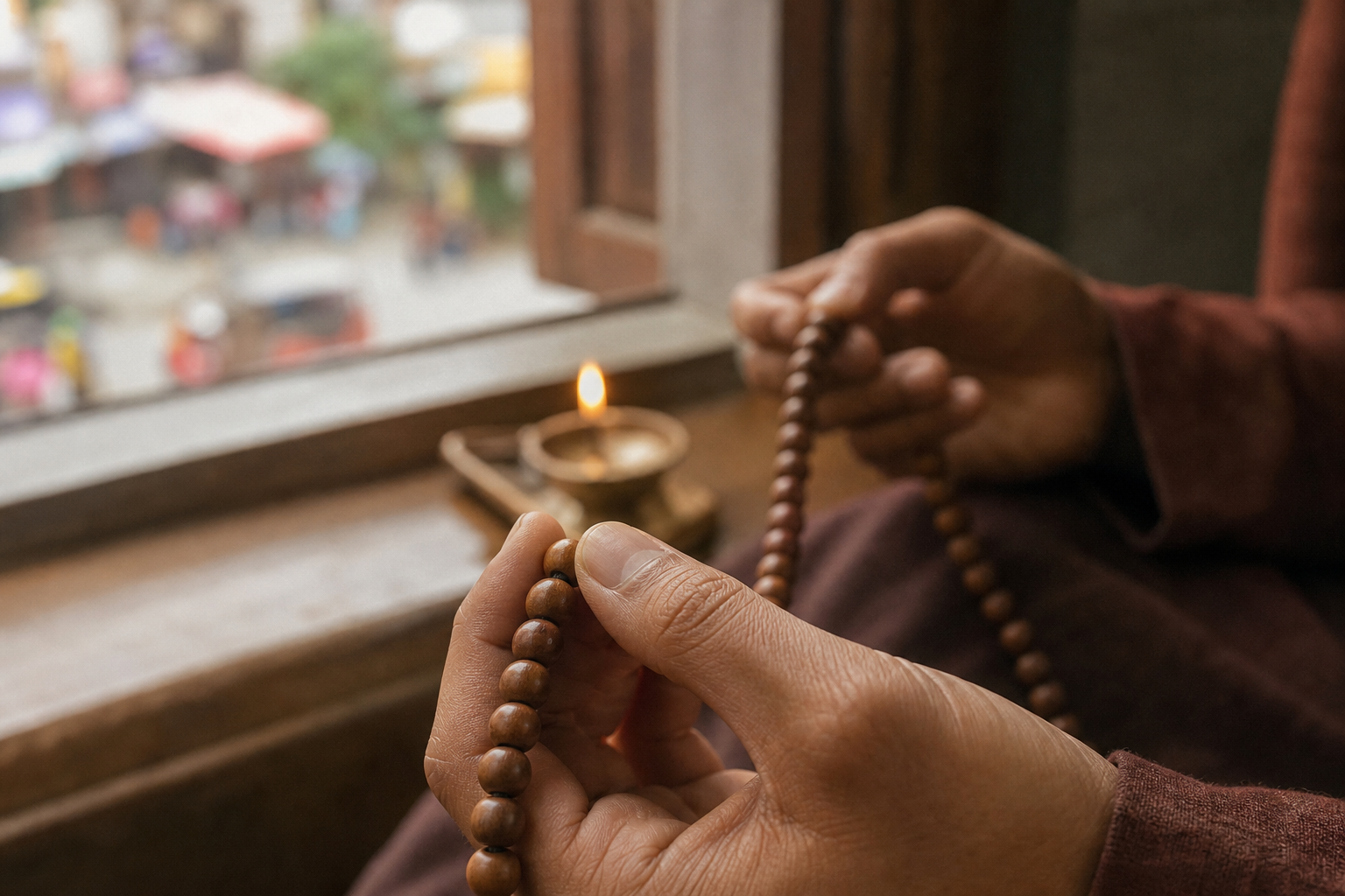 Close-up of a person's fingers moving one wooden prayer bead while household activity remains blurred in the background.