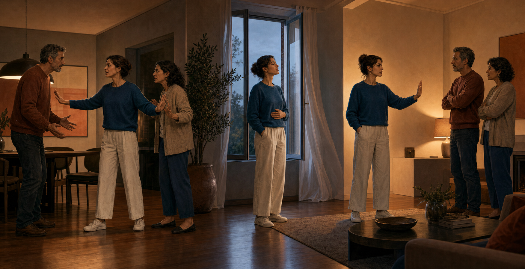 A continuous scene shows a person creating space during a family conflict, pausing to regain composure, and returning to set a calm boundary.